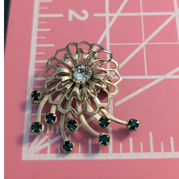 Vtg Gold Tone Blue/Clear Rhinestone Art Deco 1950s Flower Spray Brooch/Pendant - Picture 4 of 5